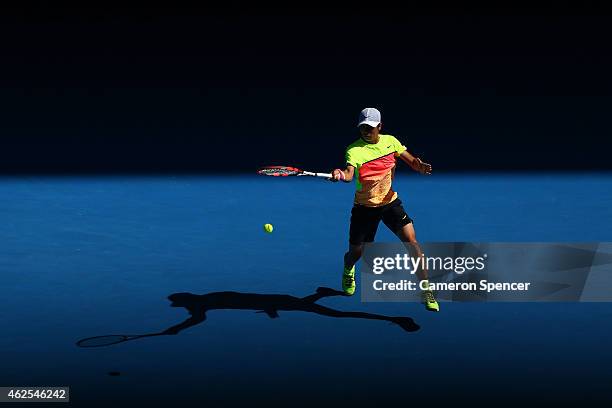 Seong-chan Hong of Korea plays a forehand in his Junior Boys' Singles Final match against Roman Safiullin of Russia during the Australian Open 2015...