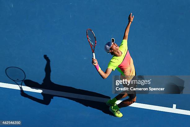 Seong-chan Hong of Korea serves in his Junior Boys' Singles Final match against Roman Safiullin of Russia during the Australian Open 2015 Junior...