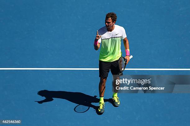 Roman Safiullin of Russia celebrates winning his Junior Boys' Singles Final match against Seong-chan Hong of Korea during the Australian Open 2015...