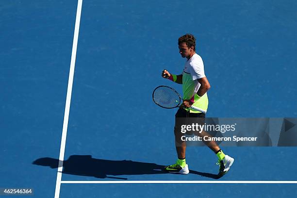 Roman Safiullin of Russia celebrates winning his Junior Boys' Singles Final match against Seong-chan Hong of Korea during the Australian Open 2015...