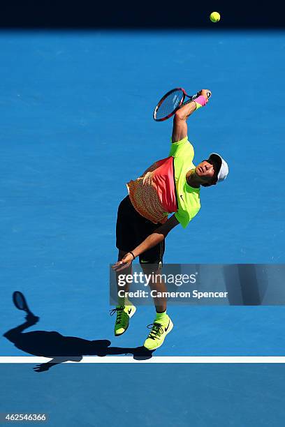 Seong-chan Hong of Korea serves in his Junior Boys' Singles Final match against Roman Safiullin of Russia during the Australian Open 2015 Junior...