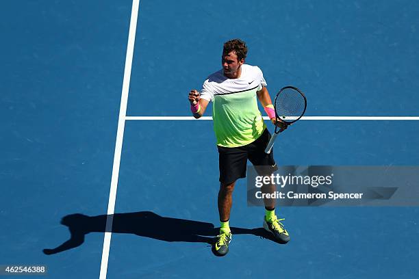 Roman Safiullin of Russia celebrates winning his Junior Boys' Singles Final match against Seong-chan Hong of Korea during the Australian Open 2015...