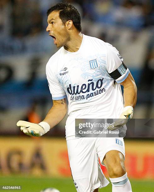 Goalkeeper of Racing Club Sebastian Saja of Racing Club celebrates after scoring the second goal during a match between Racing Club and Independiente...