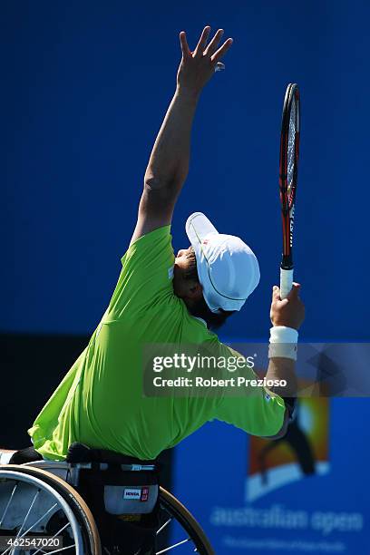 Shingo Kunieda of Japan in action in the Men's Wheelchair Singles Final against Stephane Houdet of France during the Australian Open 2015 Wheelchair...