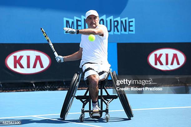 Stephane Houdet of France in action in his Men's Wheelchair Singles Final against Shingo Kunieda of Japan during the Australian Open 2015 Wheelchair...