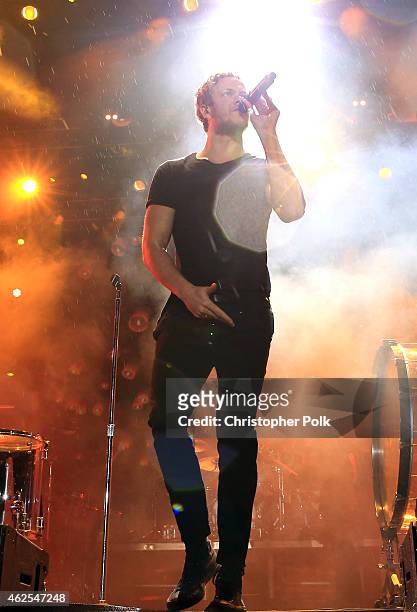 Recording artist Dan Reynolds of music group Imagine Dragons performs onstage during Day 3 of the DirecTV Super Fan Festival at Pendergast Family...