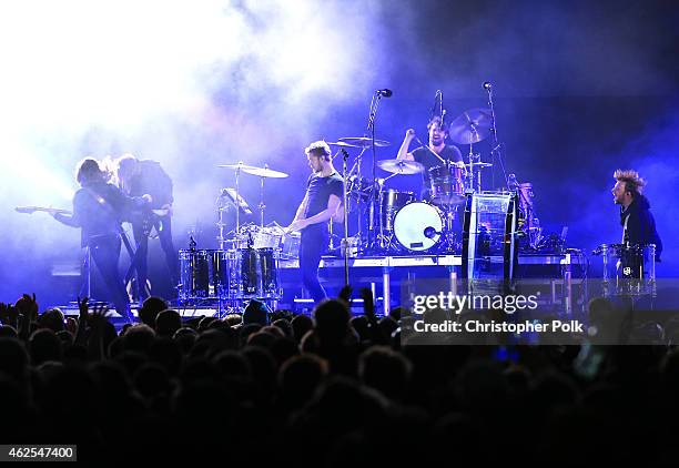Recording artist Dan Reynolds and music group Imagine Dragons perform onstage during Day 3 of the DirecTV Super Fan Festival at Pendergast Family...