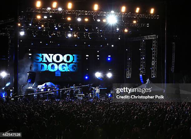 Recording artist Snoop Dogg performs onstage during Day 3 of the DirecTV Super Fan Festival at Pendergast Family Farm on January 30, 2015 in...