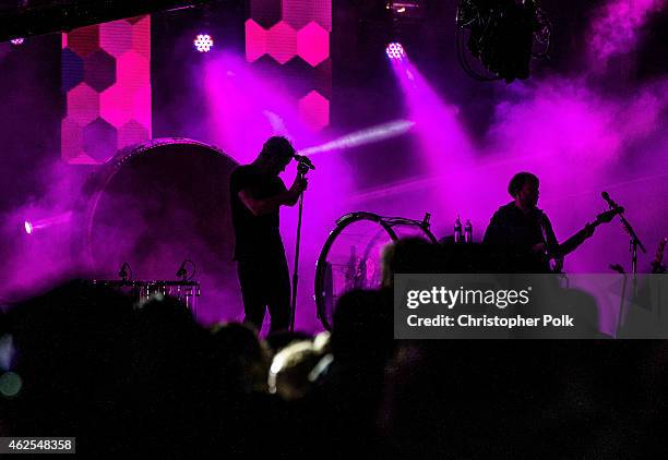 Music group Imagine Dragons performs onstage during Day 3 of the DirecTV Super Fan Festival at Pendergast Family Farm on January 30, 2015 in...