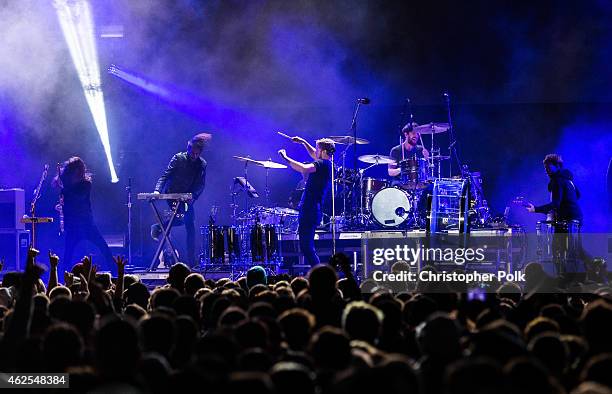 Recording artist Dan Reynolds of music group Imagine Dragons performs onstage during Day 3 of the DirecTV Super Fan Festival at Pendergast Family...