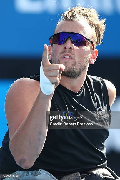 Dylan Alcott of Australia in action in his match against David Wagner during the Australian Open 2015 Wheelchair Championships at Melbourne Park on...