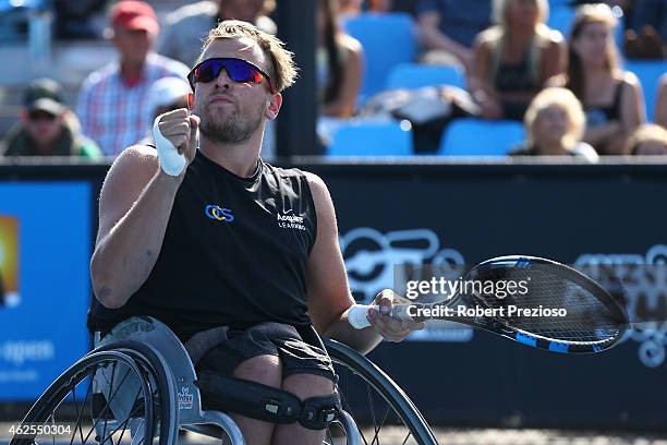 Dylan Alcott of Australia in action in his match against David Wagner during the Australian Open 2015 Wheelchair Championships at Melbourne Park on...
