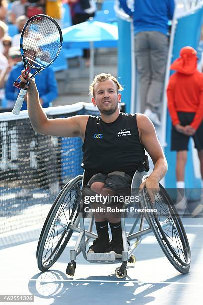 Dylan Alcott of Australia celebrates winning his final Quad Wheelchair match against David Wagner of the United States during the Australian Open...