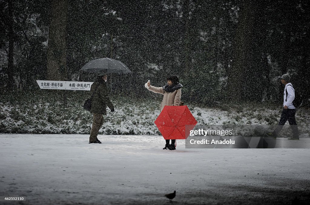 People enjoy Tokyo covered with snow