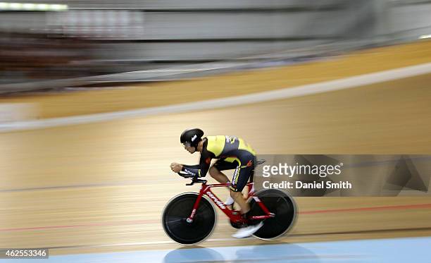 Jack Bobridge of Budget Forklifts in action during his attempt at breaking the world 1 hour record during the 2015 National Track Cycling...
