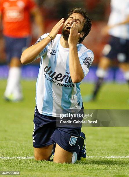 Diego Villar of Racing Club laments after receiving a foul from Claudio Morel Rodriguez during a match between Racing Club and Independiente as part...