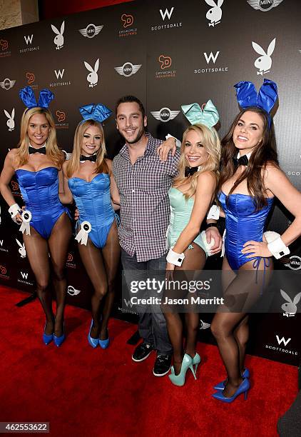 Playmates Michelle McLaughlin, Nikki Leigh, baseball athlete George Kottaras, Dani Mathers and Alison Waite arrive at the Playboy Party at the W...