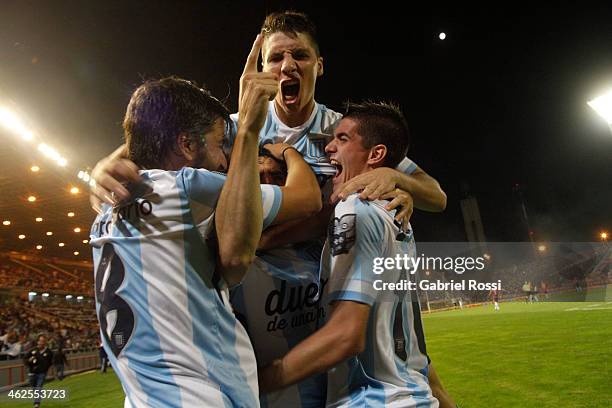 Gabriel Hauche of Racing Club and teammates celebrate their team's first goal during a match between Racing Club and Independiente as part of the...