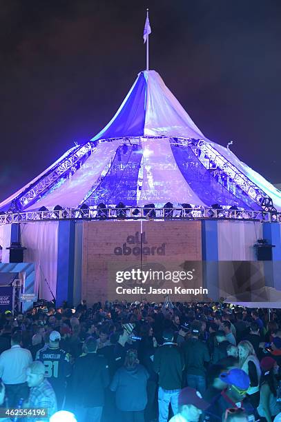 Fans at Bud Light House of Whatever enter the marquee tent to enjoy concerts by Kongos and Nicki Minaj on January 30, 2015.