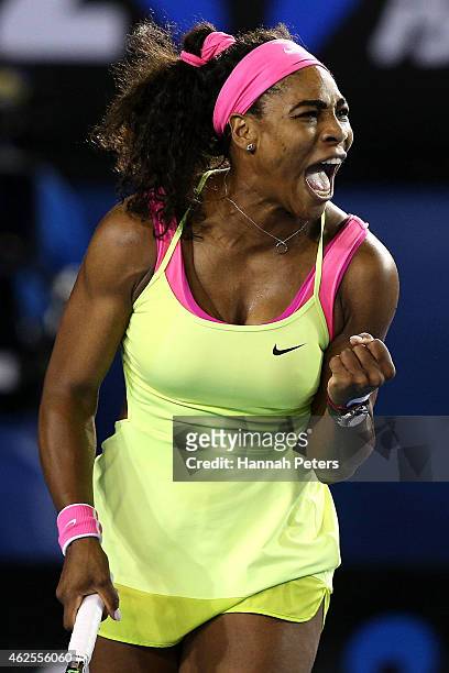 Serena Williams of the United States celebrates winning a point in her women's final match against Maria Sharapova of Russia during day 13 of the...