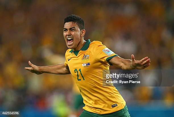 Massimo Luongo of Australia celebrates after scoring his teams first goal during the 2015 Asian Cup final match between Korea Republic and the...
