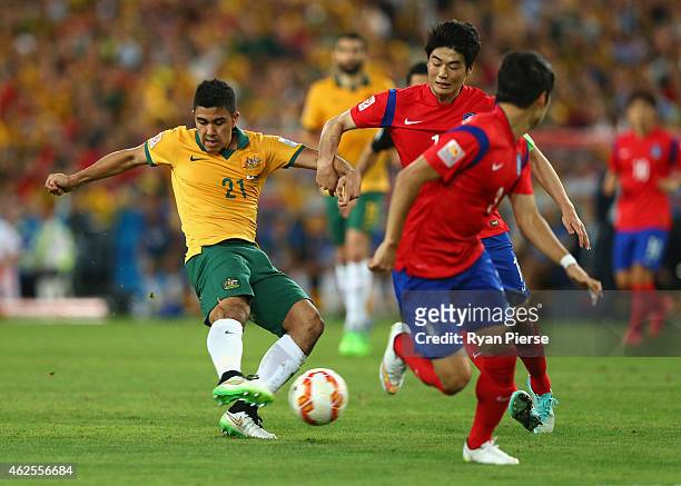 Massimo Luongo of Australia scores his teams first goal during the 2015 Asian Cup final match between Korea Republic and the Australian Socceroos at...