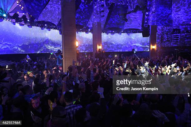 Fans at Bud Light House of Whatever enter the marquee tent to enjoy concerts by Kongos and Nicki Minaj on January 30, 2015.
