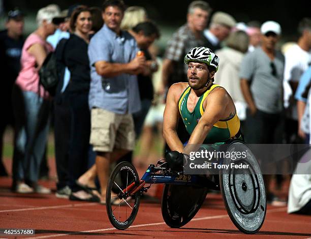 Kurt Fearnley of Australia after winning the Mens Elite wheelchair mile during the 2015 Hunter Track Classic on January 31, 2015 in Newcastle,...