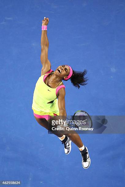 Serena Williams of the United States celebrates winning championship point in her women's final match against Maria Sharapova of Russia during day 13...