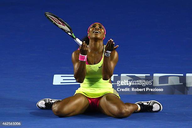 Serena Williams of the United States reacts to a point in her women's final match against Maria Sharapova of Russia during day 13 of the 2015...
