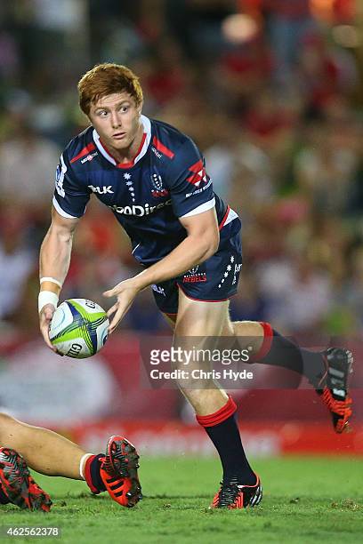 Nick Strizaker of the Rebels passes the ball during the Super Rugby trial match between the Queensland Reds and the Melbourne Rebels at Barlow Park...