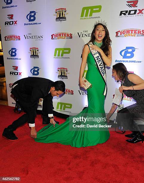 Professional BMX dirt jumper Ricardo Laguna and Miss Nevada United States 2014 Lisa Song Sutton arrive at the seventh annual Fighters Only World...