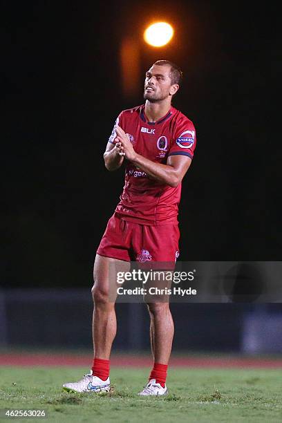 Karmichael Hunt of the Reds looks on during the Super Rugby trial match between the Queensland Reds and the Melbourne Rebels at Barlow Park on...