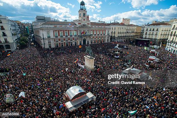 Podemos supporters gather at Puerta del Sol square on January 31, 2015 in Madrid, Spain. According to the last opinion polls Podemos , the...