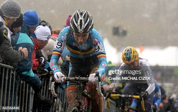 Sanne Cant of Belgium and Nikki Harris of Great Britain compete during the women's race at the UCI World cyclocross World championships on January...