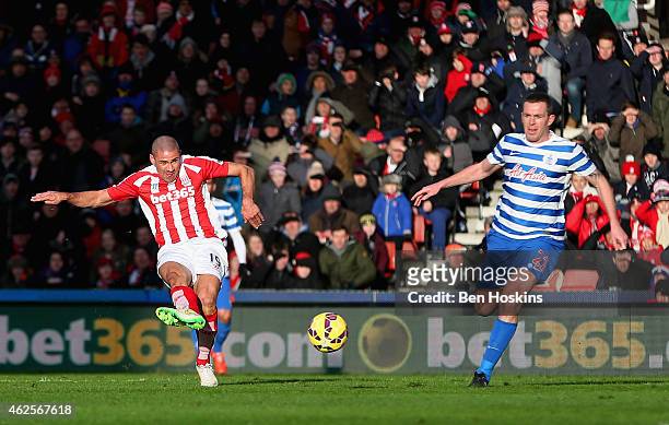 Jonathan Walters of Stoke City scores the opening goal during the Barclays Premier League match between Stoke City and Queens Park Rangers at...