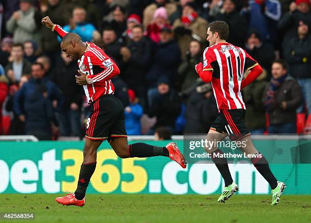 Jermain Defoe of Sunderland celebrates after scoring their second goal during the Barclays Premier League match between Sunderland and Burnley at...