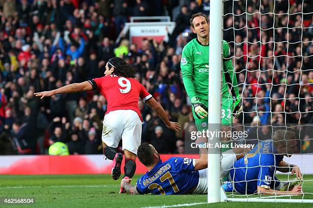 Radamel Falcao García of Manchester United turns away to celebrate after scoring his team's second goal during the Barclays Premier League match...