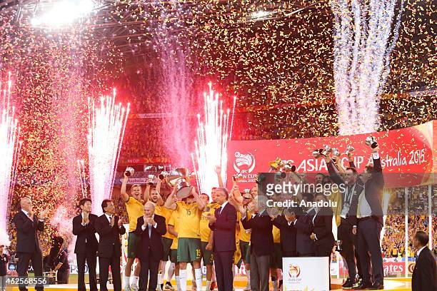 Australian team celebrates after the 2015 Asia Cup Final between Australia Vs South Korea in the 2015 AFC Asian Cup match played at the Stadium...