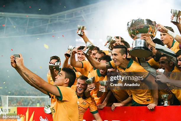 Massimo Luongo takes a selfie with his teammates after the 2015 Asia Cup Final between Australia Vs South Korea in the 2015 AFC Asian Cup match...