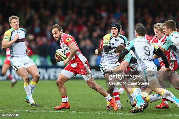 Bill Meakes of Gloucester makes a break during the LV=Cup match between Gloucester Rugby and Ospreys at Kingsholm Stadium on January 31, 2015 in...