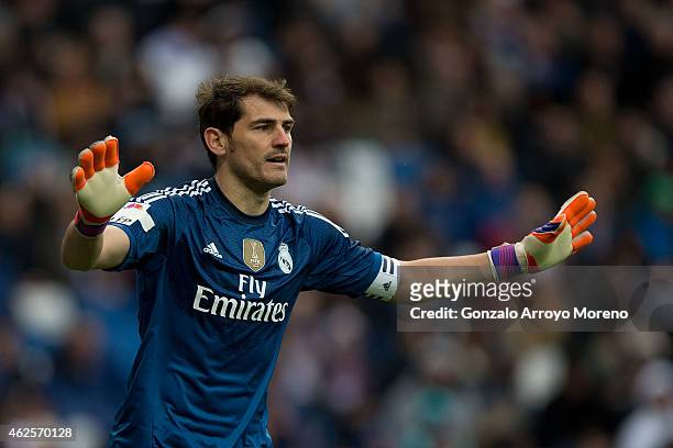 Goalkeeper Iker Casillas of Real Madrid CF gives instructions to his teammates during the La Liga match between Real Madrid CF and Real Sociedad de...