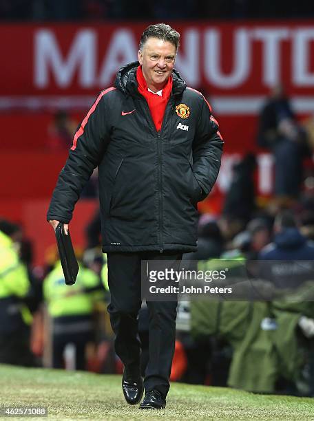 Manager Louis van Gaal of Manchester United walks off after the Barclays Premier League match between Manchester United and Leicester City at Old...