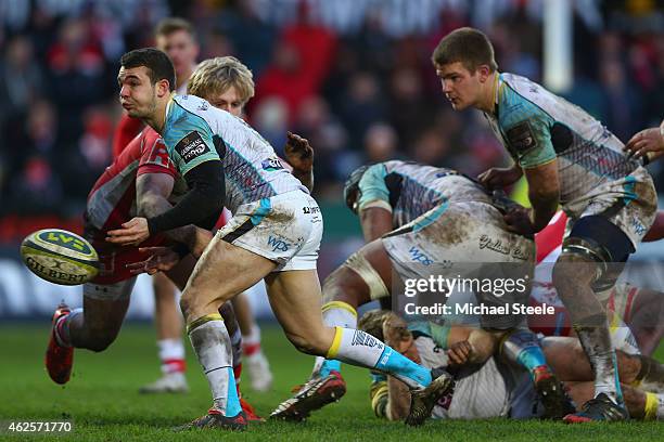 Tom Habberfield of Ospreys looks for support during the LV=Cup match between Gloucester Rugby and Ospreys at Kingsholm Stadium on January 31, 2015 in...