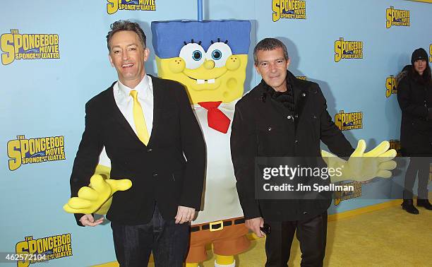 Actors Tom Kenny and Antonio Banderas attend the "The Spongebob Movie: Sponge Out Of Water" world premiere at AMC Lincoln Square Theater on January...