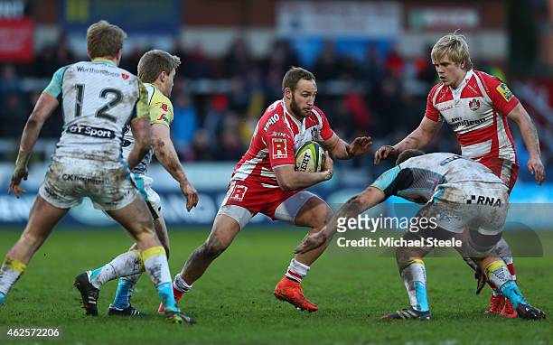 Bill Meakes of Gloucester makes ground during the LV=Cup match between Gloucester Rugby and Ospreys at Kingsholm Stadium on January 31, 2015 in...