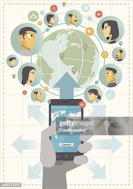 social network by smartphone. - world map old stock illustrations