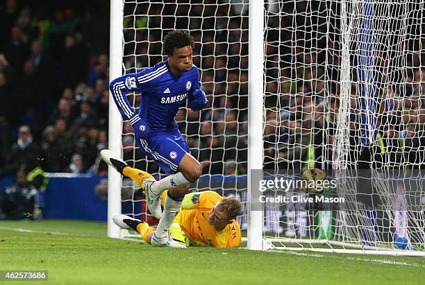 Loic Remy of Chelsea turns to celebrate after scoring the opening goal past Joe Hart of Manchester City during the Barclays Premier League match...