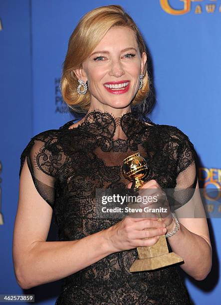 Cate Blanchett poses at the 71st Annual Golden Globe Awards at The Beverly Hilton Hotel on January 12, 2014 in Beverly Hills, California.