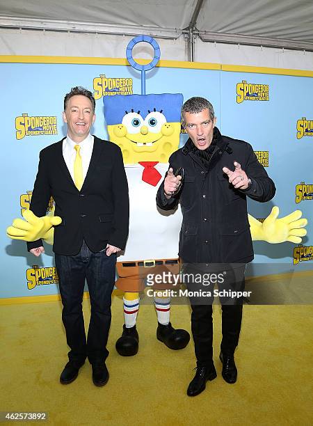 Actors Tom Kenny and Antonio Banderas attend "The Spongebob Movie: Sponge Out Of Water" World Premiere at AMC Lincoln Square Theater on January 31,...